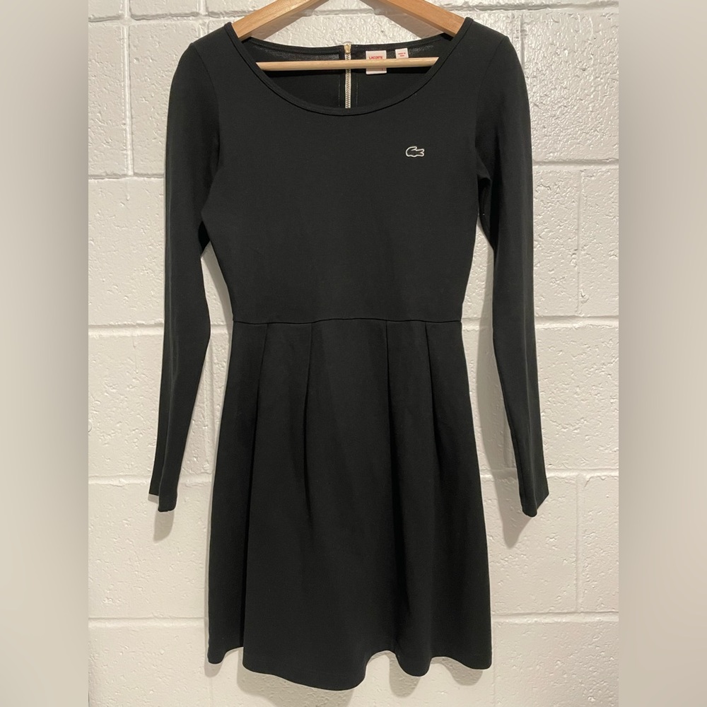 Lacoste LIVE Womens Dress Black Stretch Long Sleeve Pleated Shift Sz S